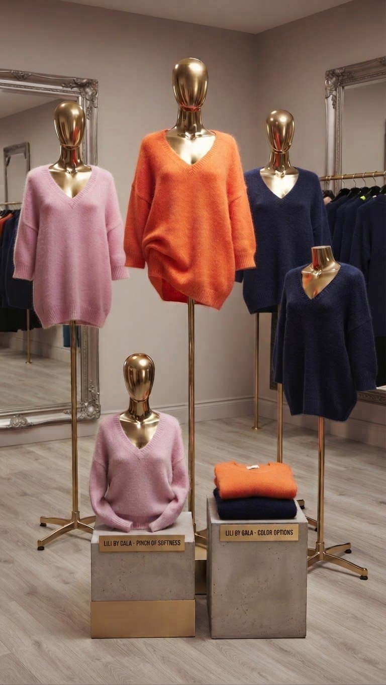 Pomarańczowy i różowy oversize sweter z jeansami